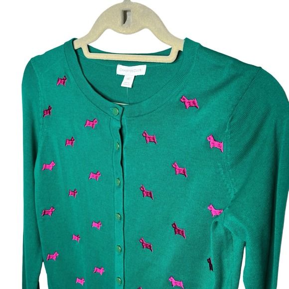 Women's XS Button Up Cardigan Sweater Scotty Dog Green Cotton Lightweight Preppy - Picture 4 of 13